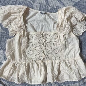 American Eagle Outfitters Cream Eyelet Peplum Blouse